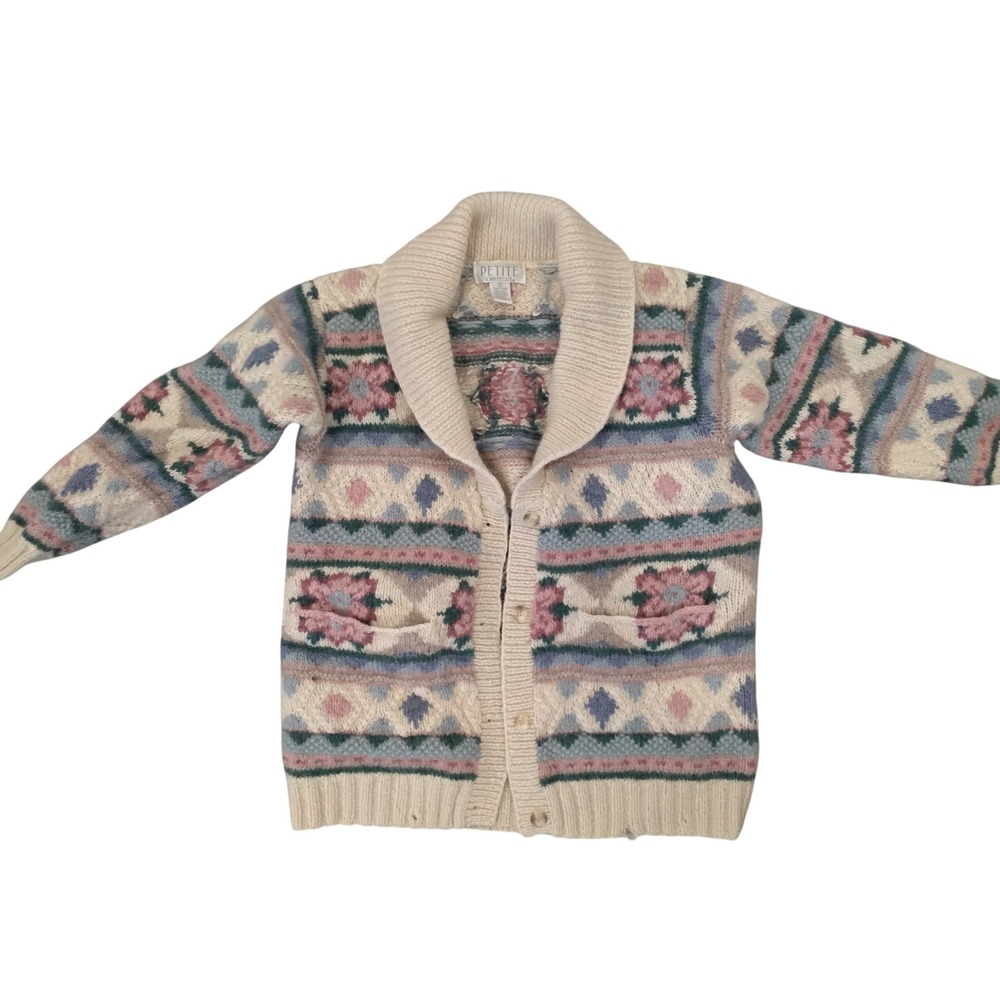 Petite Sophisticate Shetland Wool Cardigan Sweater Floral Fair Isle Collar S